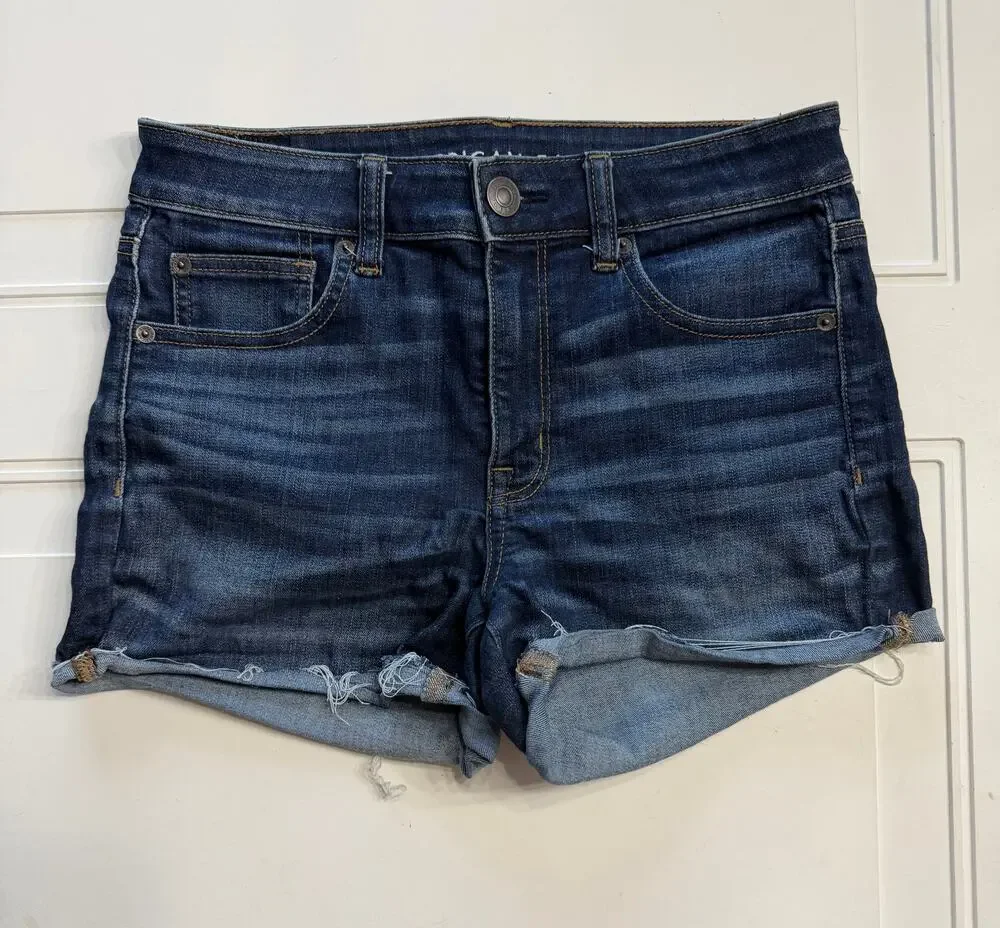 American Eagle Womens Sz 6 Dark Wash High Rise Shortie Raw Hem Denim Jean Shorts